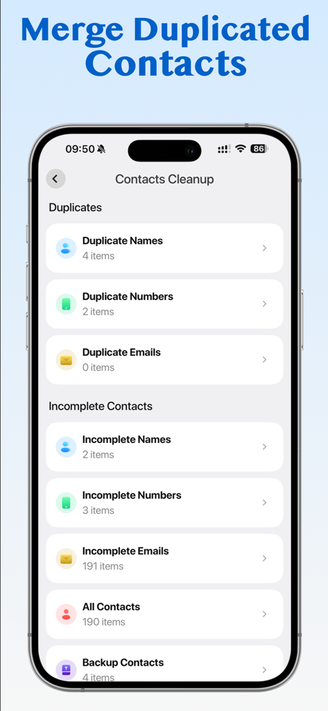 Prime Cleaner: Cleanup Storage - Prime Cleaner app interface showing the Contacts Cleanup screen with options to merge duplicate names and numbers on an iPhone.