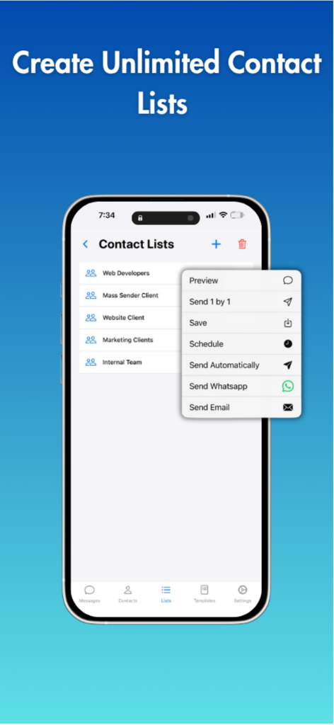 Interfaz de la aplicación Mass Sender que muestra listas de contactos ilimitadas y un menú con opciones para enviar mensajes individualmente o programarlos.