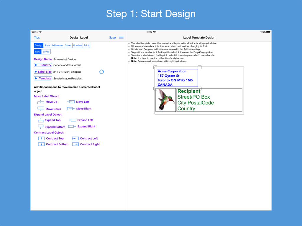 iPad interface of Address Label Creator showing design tools and label template preview.