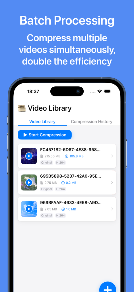 Video Compress - Supports HEVC - Screenshot of Video Compress app showing batch processing feature to compress multiple videos simultaneously in the video library.