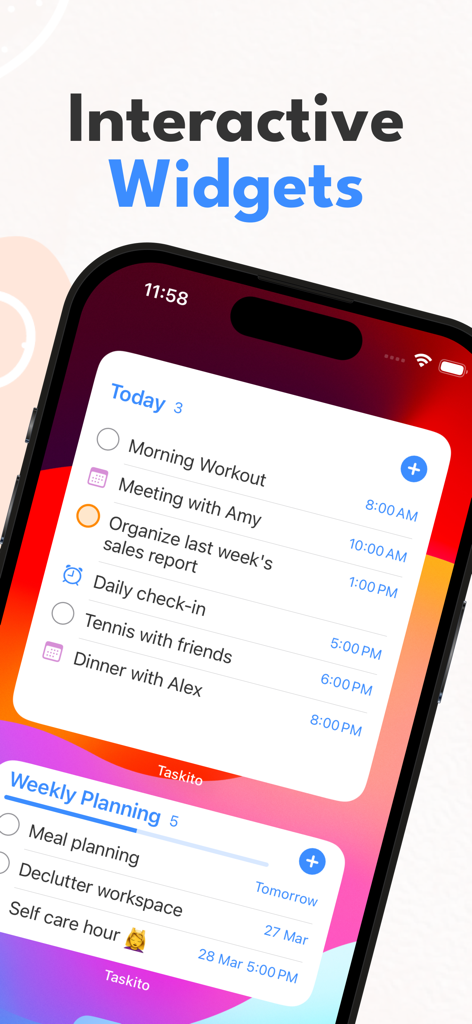 Daily Timeline To-Do : Taskito - iPhone Home-Bildschirm mit interaktiven Taskito-Widgets für Tagesaufgaben und Wochenplanung