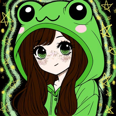a pretty girl wearing a frog hoodie portrait with long hair