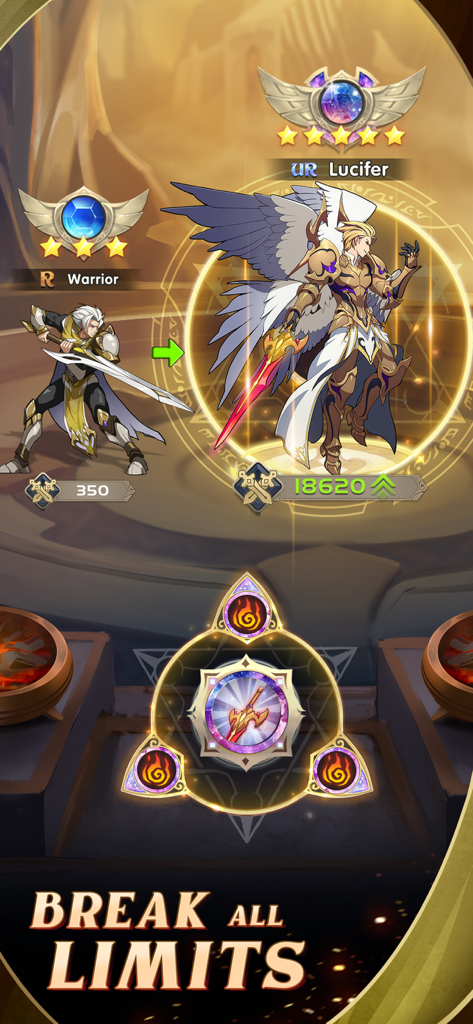 Mythic Heroes: Idle RPG - A comparison showing a basic warrior evolving into the powerful UR hero Lucifer in Mythic Heroes