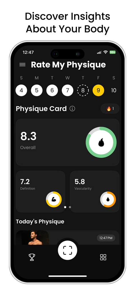 Rate My Physique - Rate My Physique app dashboard displaying overall body score and muscle definition analysis.