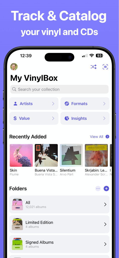 VinylBox 앱 홈 화면: 폴더와 최근 추가된 앨범이 있는 사용자 음악 컬렉션 카탈로그 표시