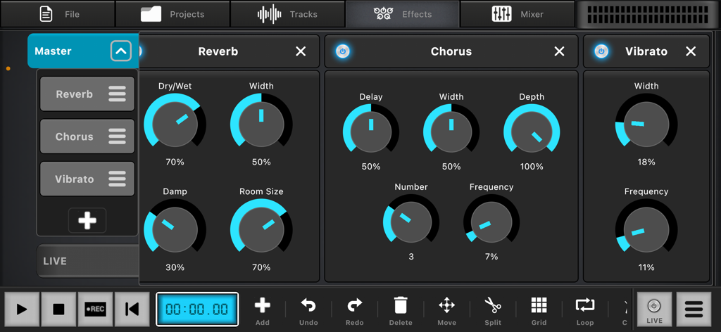 Interfaz de Audio Elements Sound Editor mostrando efectos en tiempo real como reverb, chorus y vibrato con diales de control ajustables