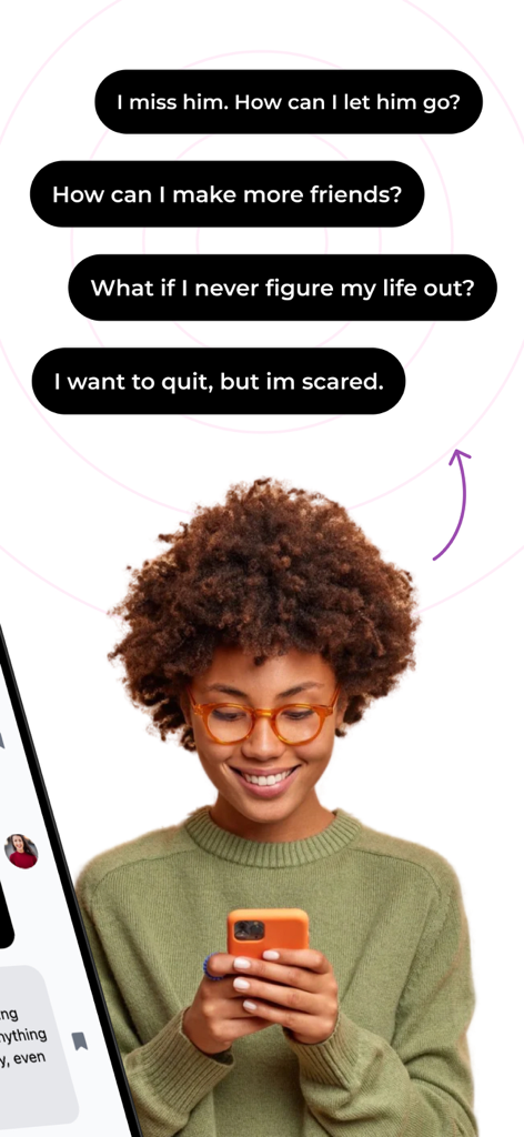 Abby: AI Mental Health - A young woman smiling while chatting with the Abby AI mental health companion about life and relationships.