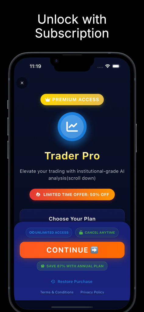 Trendiq Pro mobile app subscription screen for premium AI trading analysis