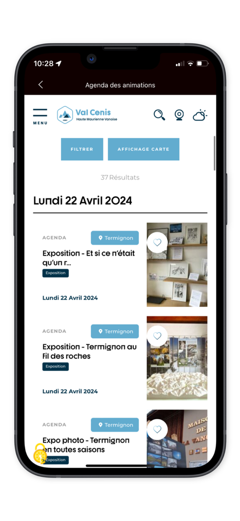 Val Cenis mobile app screen showing a list of cultural events and art exhibitions in the Termignon area.