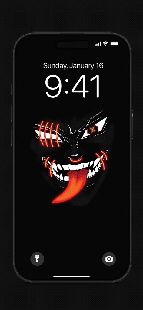 Silly Smile Wallpapers 4K Live - iPhone-Sperrbildschirm mit einem dunklen Monstergesicht mit einer leuchtend roten Zunge und einem scharfen Grinsen