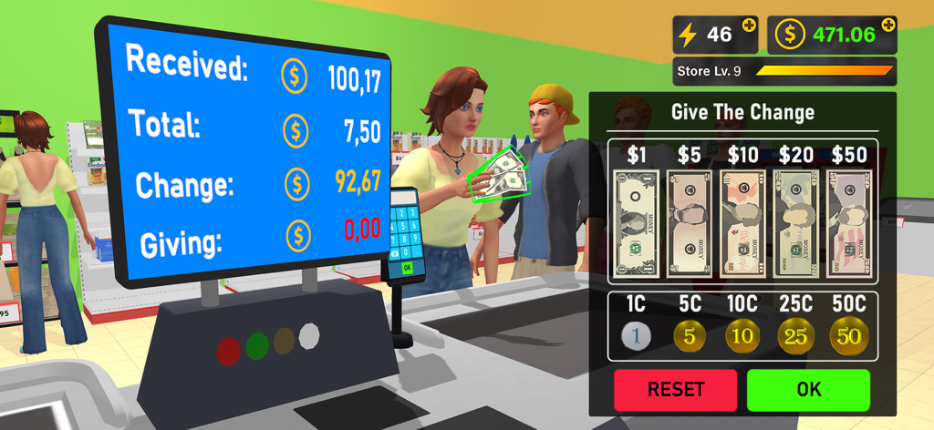 Supermarket 3D Simulation Game - Vista en primera persona de la estación de cajero entregando cambio a un cliente en el Juego de Simulación 3D de Supermercado