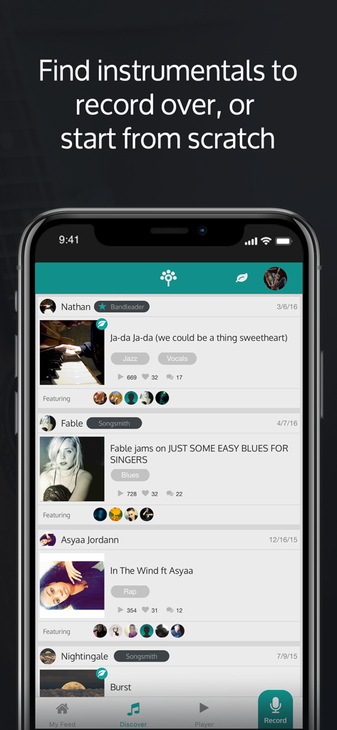 Songtree - Music Maker - Songtree app discover feed showing music tracks and collaboration options