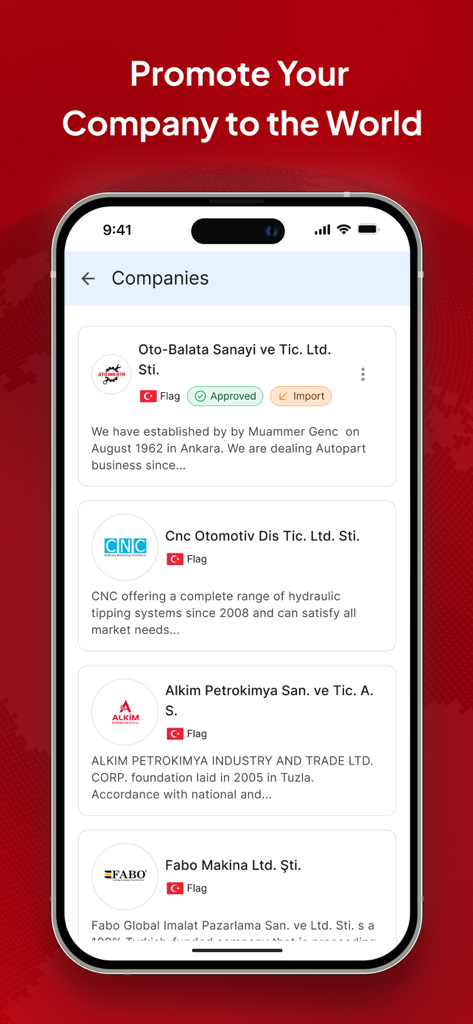 TurkishExporter - Mobile app screen showing a list of Turkish export companies for B2B sourcing