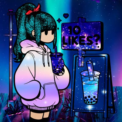 girl with oversized hoodie drinking boba and she has a high ponytail with a sign that says 10likes?