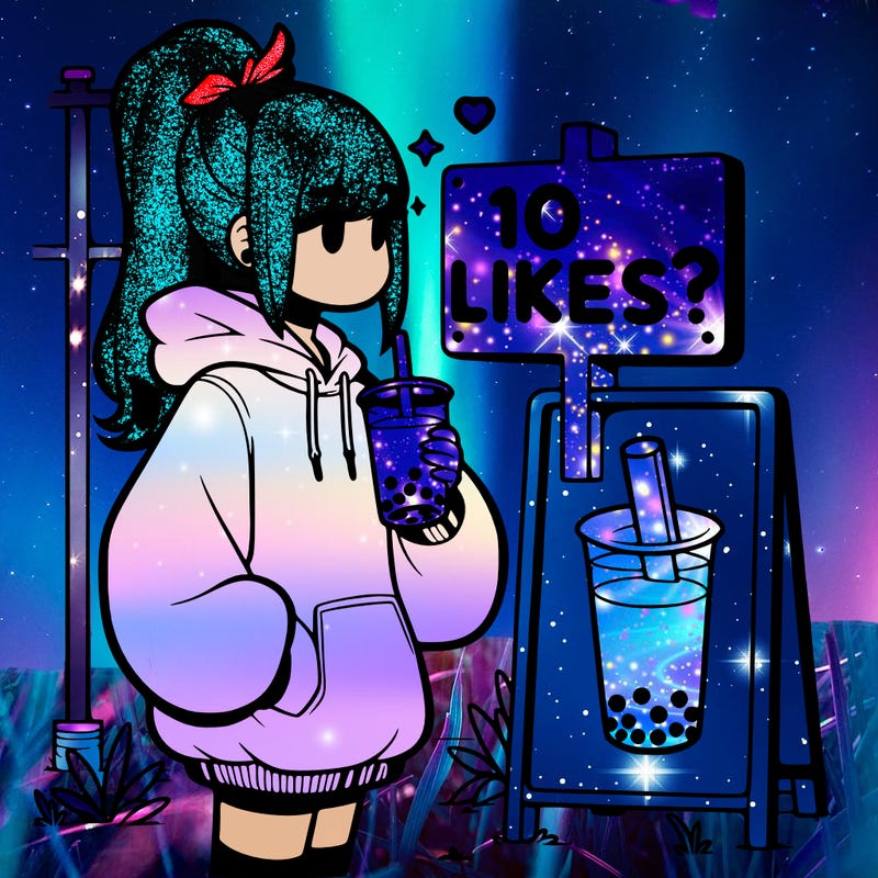 girl with oversized hoodie drinking boba and she has a high ponytail with a sign that says 10likes?