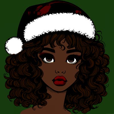 realistic girl with a santa hat curly hair and lips