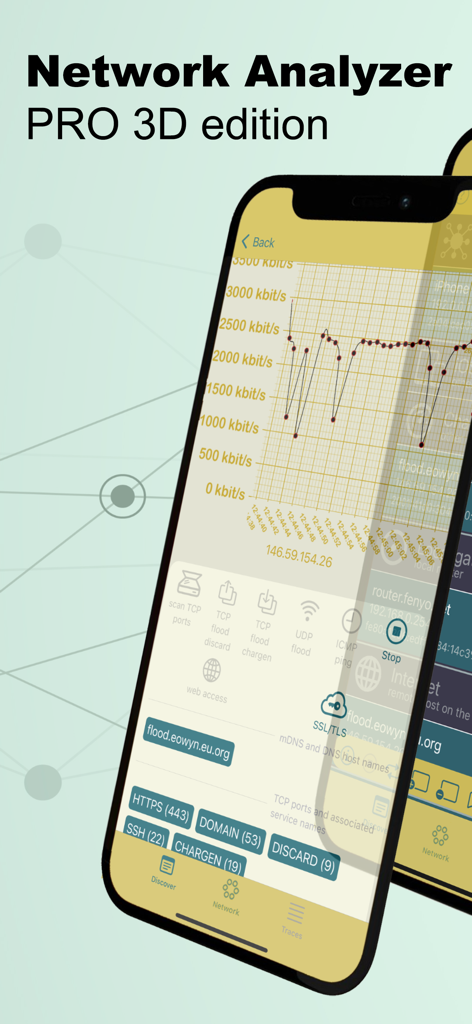 WiFi Network Tools & Maps - iPhone display showing network analyzer app with real-time throughput graph and diagnostic tools.