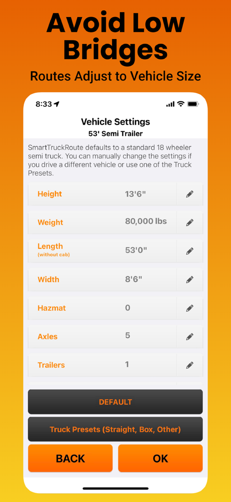 SmartTruckRoute app vehicle settings screen showing truck dimensions like height and weight for custom routing