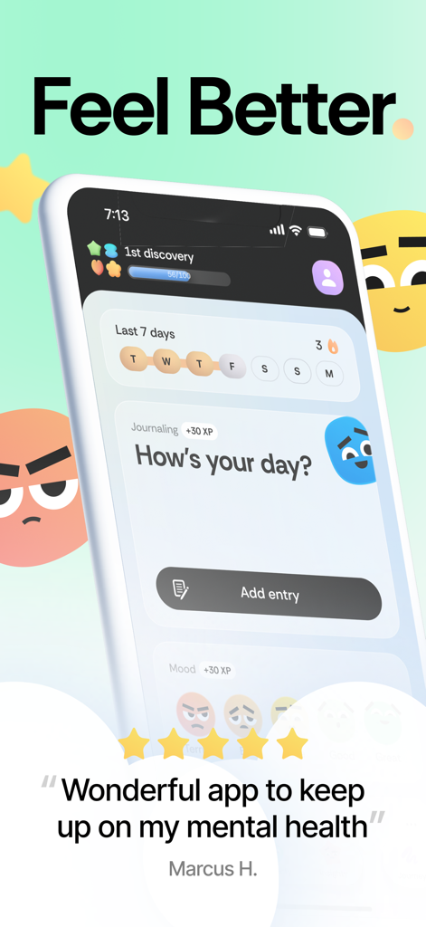 Captura de tela do aplicativo Honestly mostrando uma interface de verificação de humor diário e acompanhamento de saúde mental