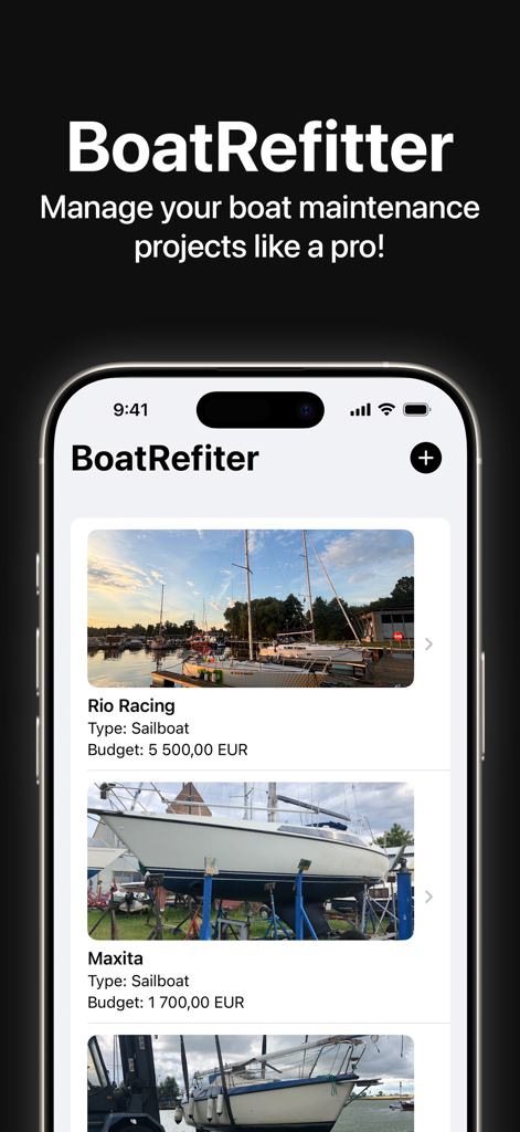 Pantalla de la aplicación BoatRefiter mostrando proyectos de mantenimiento de veleros y seguimiento de presupuesto