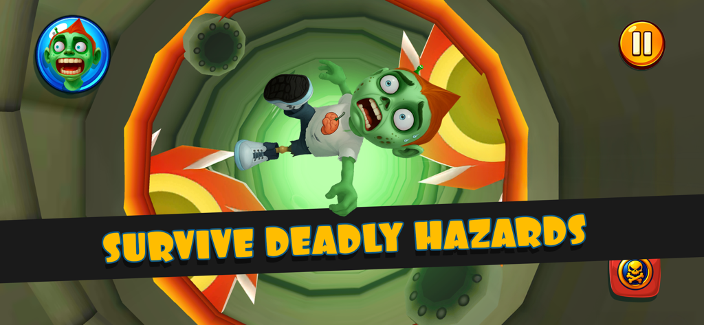 Falling Fred Redux - Zombie character falling through a tunnel filled with rotating blades with the text survive deadly hazards