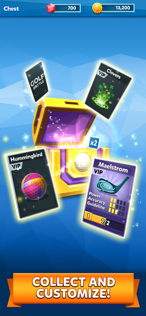 Un cofre dorado abriéndose en Golf Battle mostrando cartas de recompensa VIP para palos y bolas de golf