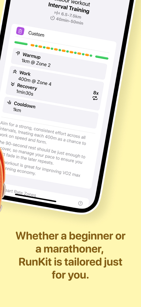 Interfaz de la aplicación RunKit mostrando una sesión de entrenamiento por intervalos estructurada con zonas de frecuencia cardíaca y repeticiones
