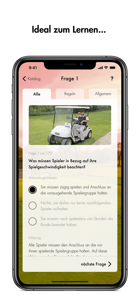 DGV-Platzreife - DGV-Platzreife app interface showing a multiple choice golf rules question