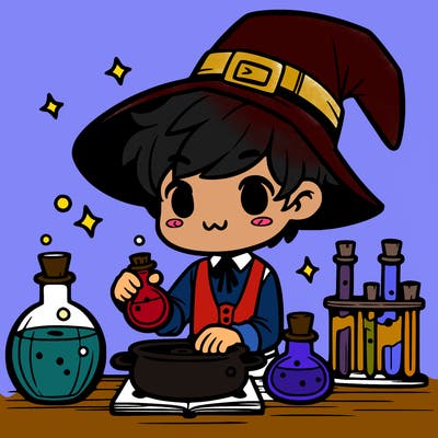 cute witch boy preparing potions