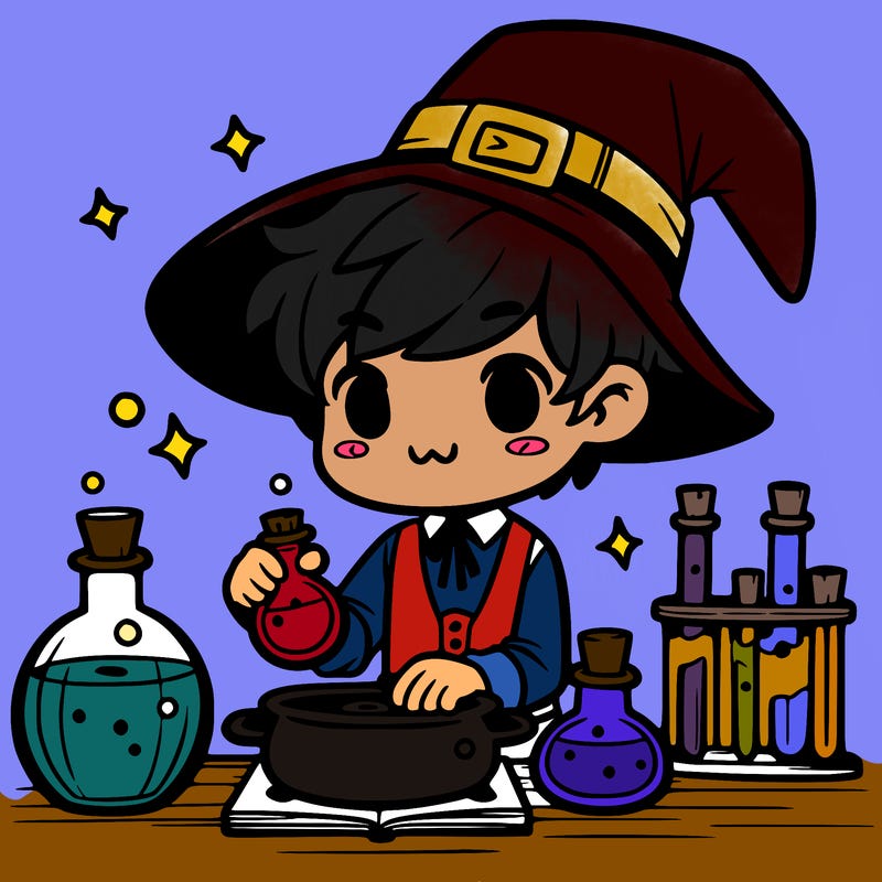 cute witch boy preparing potions