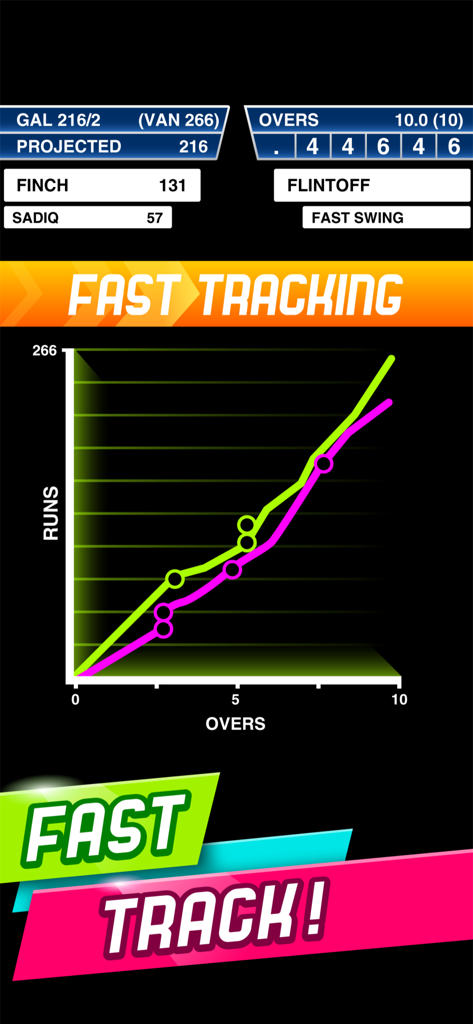 Stick Cricket Super League - 런과 오버를 비교하는 경기 진행 그래프와 함께 패스트 트랙 기능을 보여주는 Stick Cricket Super League 게임플레이.