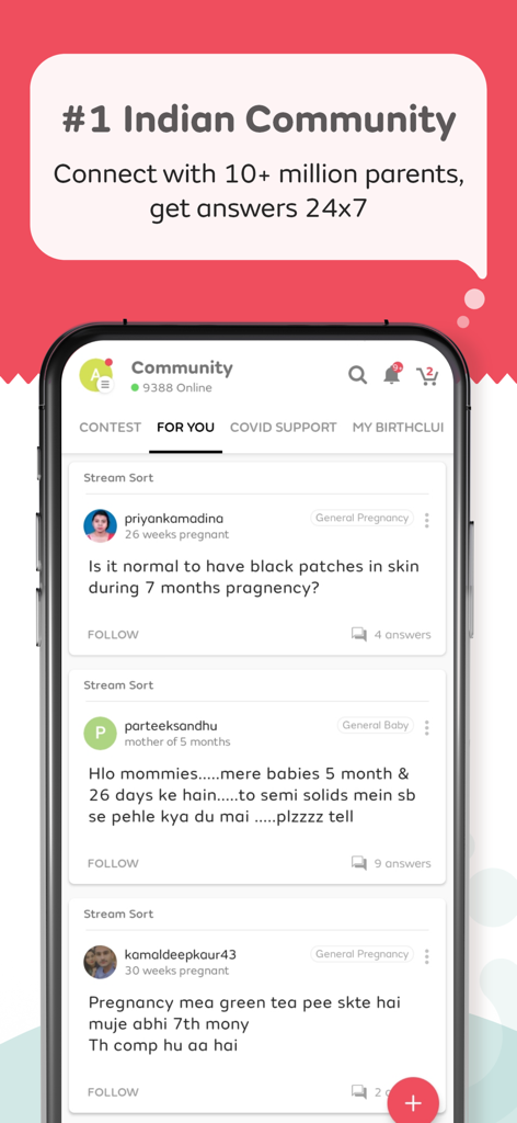 Mylo Pregnancy & Parenting App - Der Community-Forum-Bildschirm der Mylo App zeigt verschiedene Fragen und Diskussionen zu Elternschaft und Schwangerschaft.