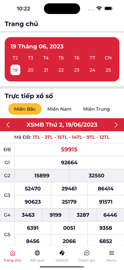 Kết quả xổ số XSMB, XSMN, XSMT - Mobile application screen showing live Vietnamese lottery results for the Northern region