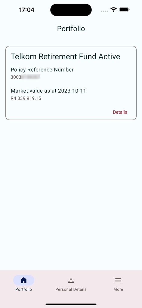 MRA Mobile - Pantalla de cartera de la aplicación MRA Mobile que muestra el valor de mercado del fondo de jubilación y los detalles de la póliza