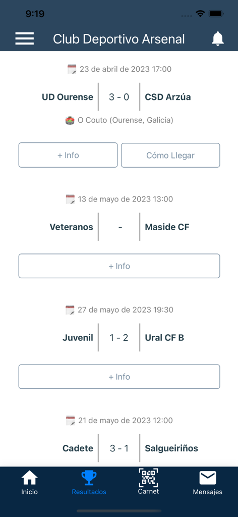 Captura de pantalla de la aplicación Cluber que muestra los resultados de los partidos deportivos y los juegos programados para el Club Deportivo Arsenal.
