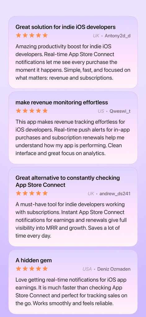 NewSub: App Developer Alerts - Positive five star customer reviews for NewSub app developer alerts highlighting real time revenue tracking and ease of use