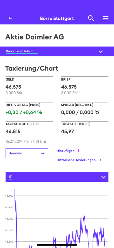 Börse Stuttgart App - Dati sui prezzi delle azioni e grafico di mercato per Daimler AG nell'app Boerse Stuttgart