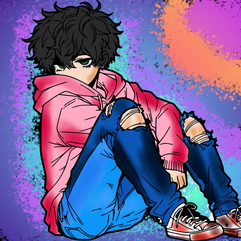 a male hoddie ripped jeans messy hair anime