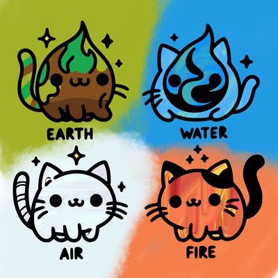 4 cats that represent the different elements, earth, water, air, and fire