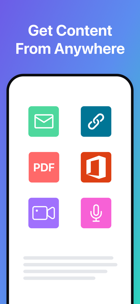 DoMore - Next-Gen AI Notebook - Captura de pantalla de la aplicación DoMore que muestra opciones de importación universal para correo electrónico, enlaces, PDF, archivos de oficina, video y audio