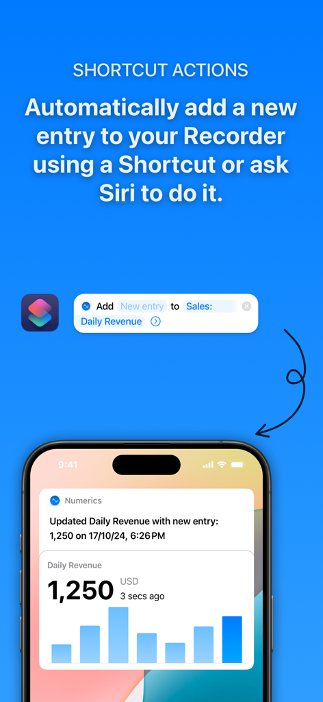 A screenshot showing Numerics shortcut actions to automatically add data entries using Siri or Apple Shortcuts.