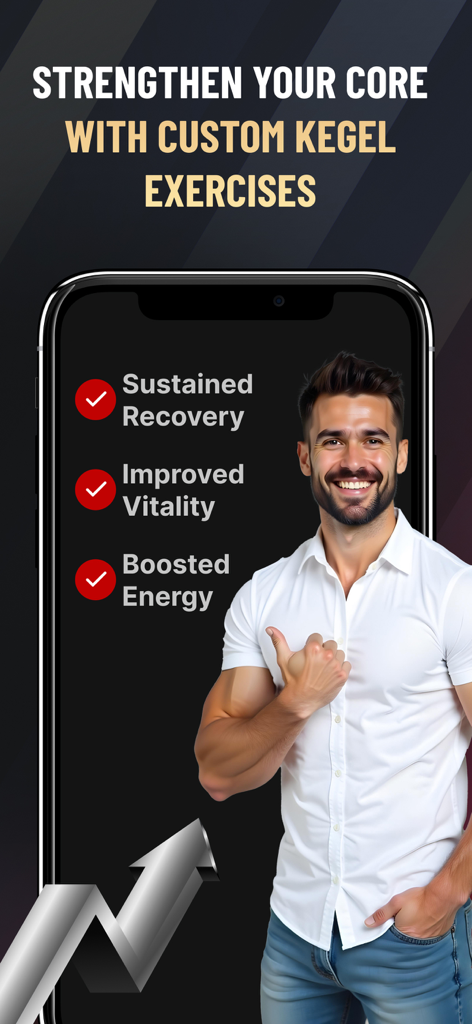 KegelUp: Men's Health App - A fit man smiling next to a list of health benefits including sustained recovery and improved vitality for the KegelUp app.