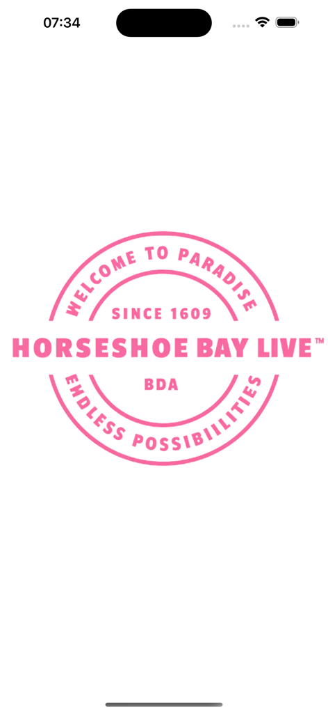 Horseshoe Bay Live - Horseshoe Bay Live app welcome screen featuring a pink circular logo with the text Welcome to Paradise