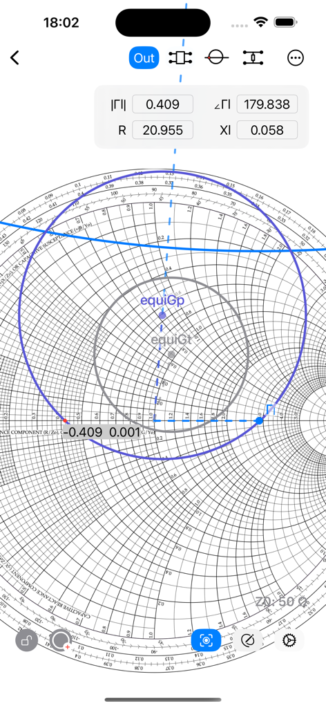 Smith Charts - Digital Smith chart interface showing complex impedance coordinates and power gain circles for RF engineering.