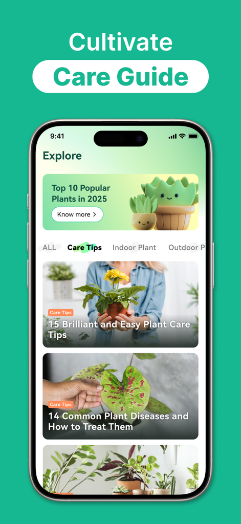 Mobile App-Oberfläche zeigt Artikel mit Tipps zur Pflanzenpflege und häufigen Pflanzenkrankheiten