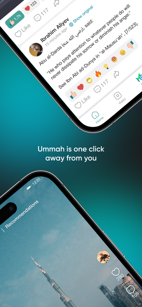 Due schermi di telefoni cellulari che mostrano il social network Umma Life con post di contenuti islamici e raccomandazioni video