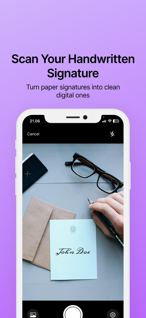 Signature Scanner ◦ eDocument - An iPhone screen showing the Signature Scanner app scanning a handwritten signature on a card