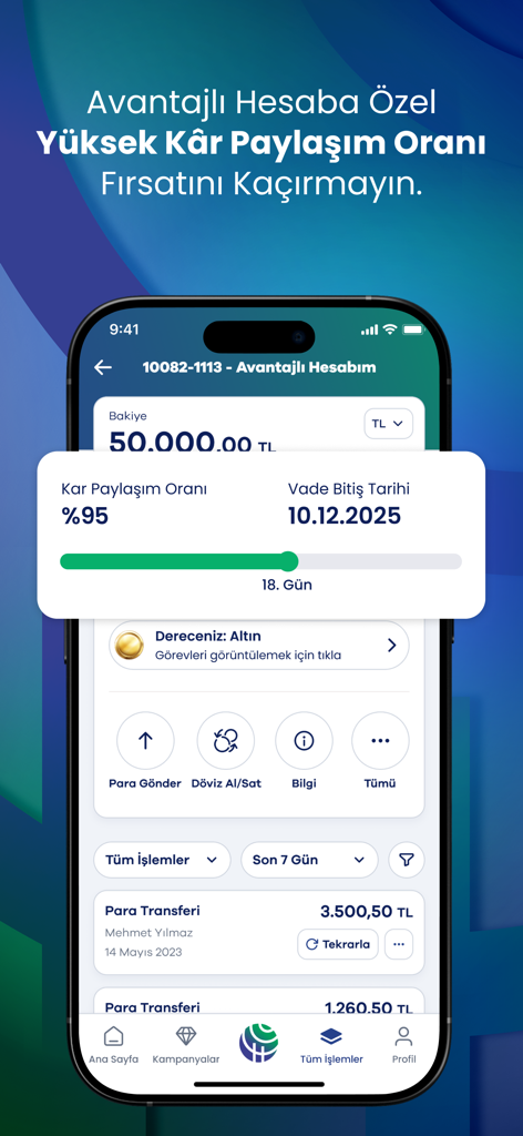 Hayat Finans - Hayat Finans mobile app interface showing a savings account balance and profit sharing details