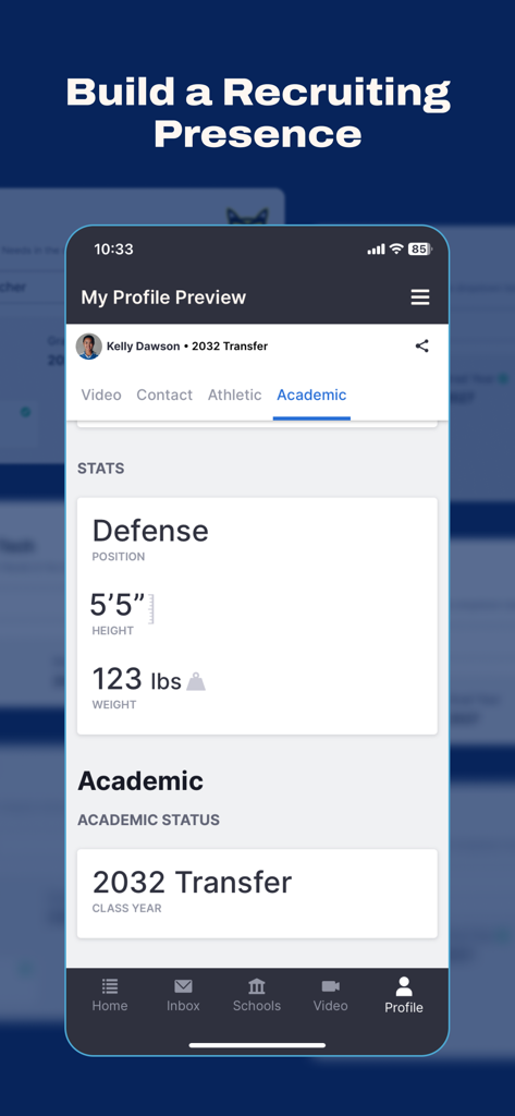 Student athlete profile preview on the SportsRecruits Pro mobile app showing athletic stats and academic information