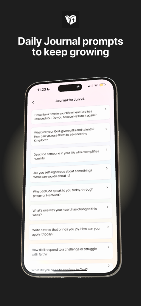 My Daily Prayer Journal - A smartphone displaying a list of daily spiritual journal prompts for reflection and faith growth.